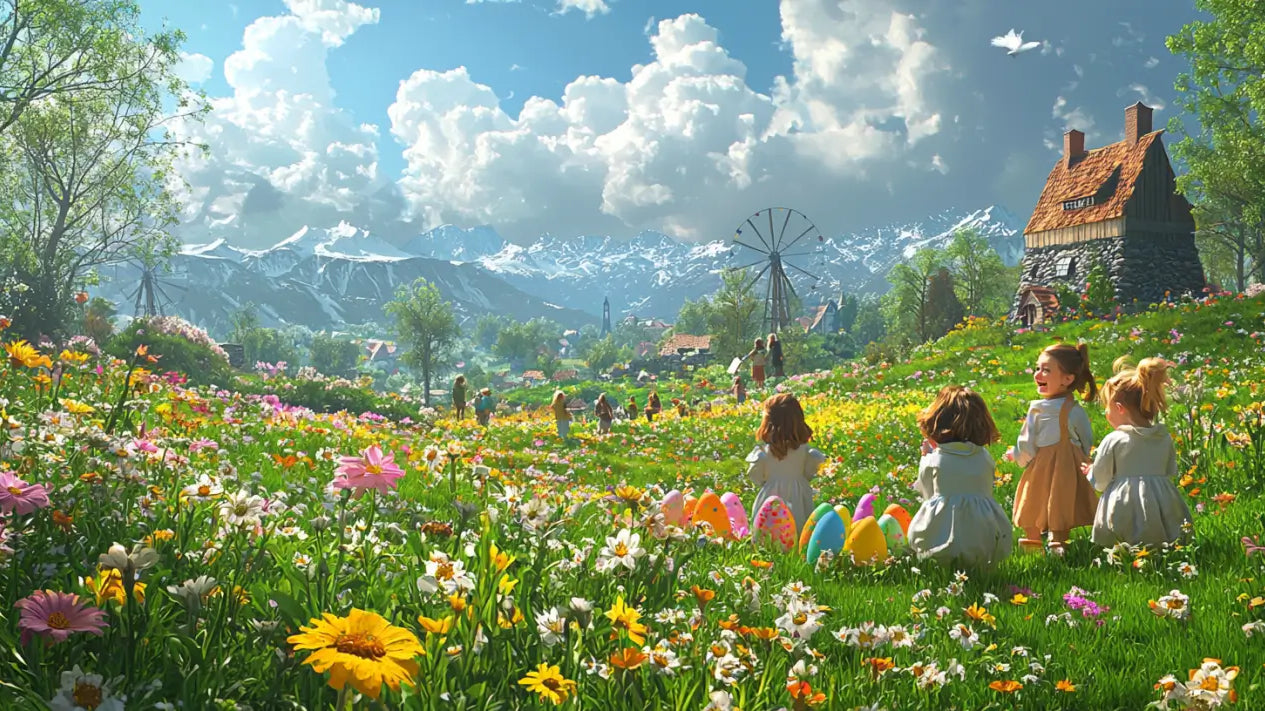 Vier Kinder sitzen auf einer blühenden Frühlingswiese mit Ostereiern, im Hintergrund ein Windrad, ein Holzhaus und blauer Himmel mit Wolken – fröhliches, naturnahes Osterfest.