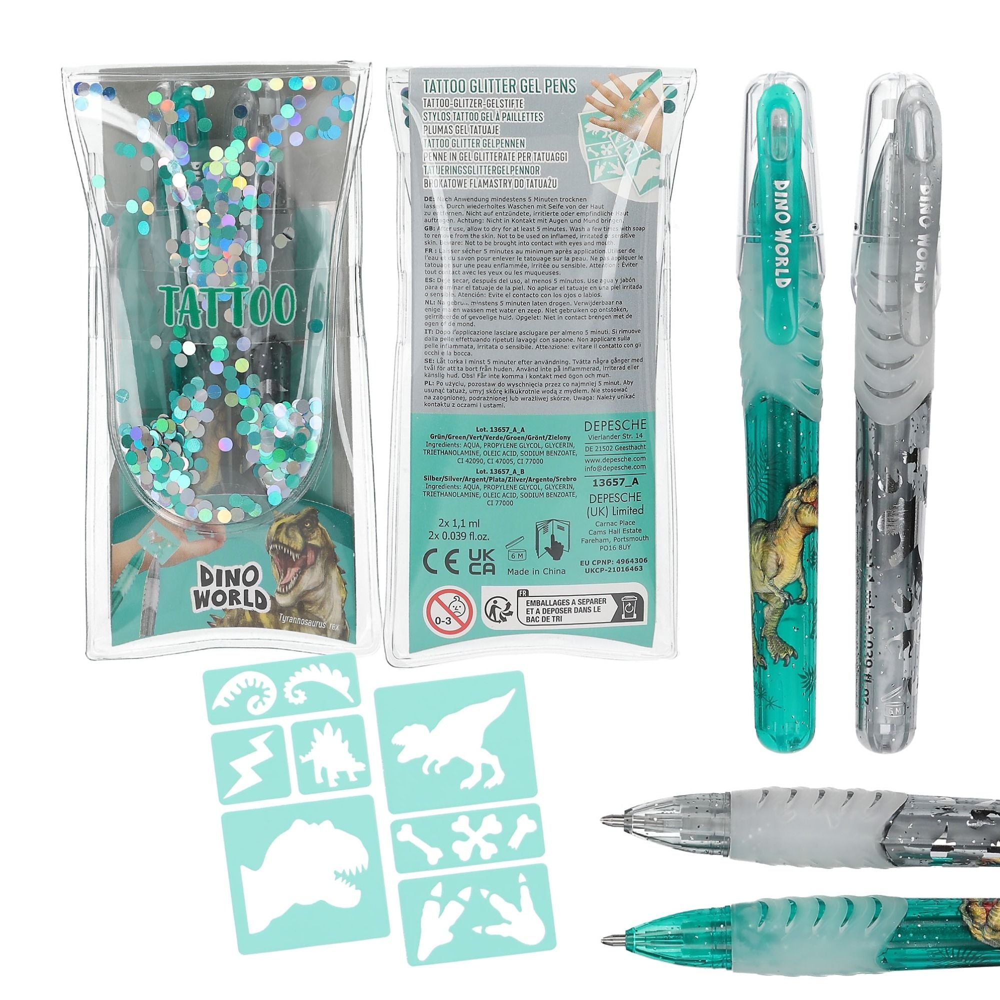 Dino World Tattoo Glitzer Gelstifte