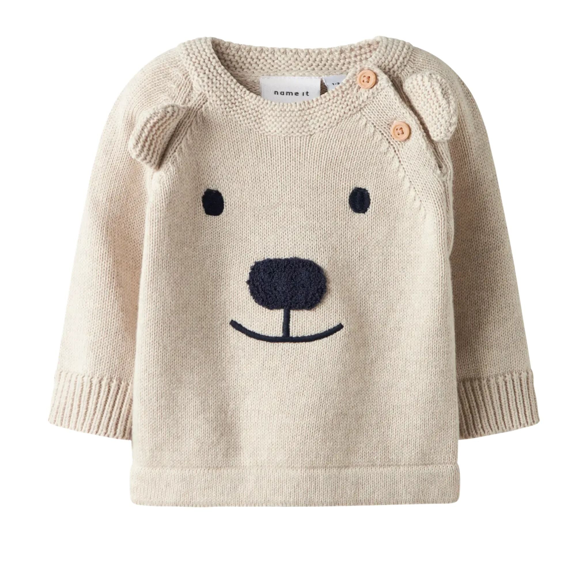 Baby Strickpullover mit Teddygesicht aus Bio-Baumwolle