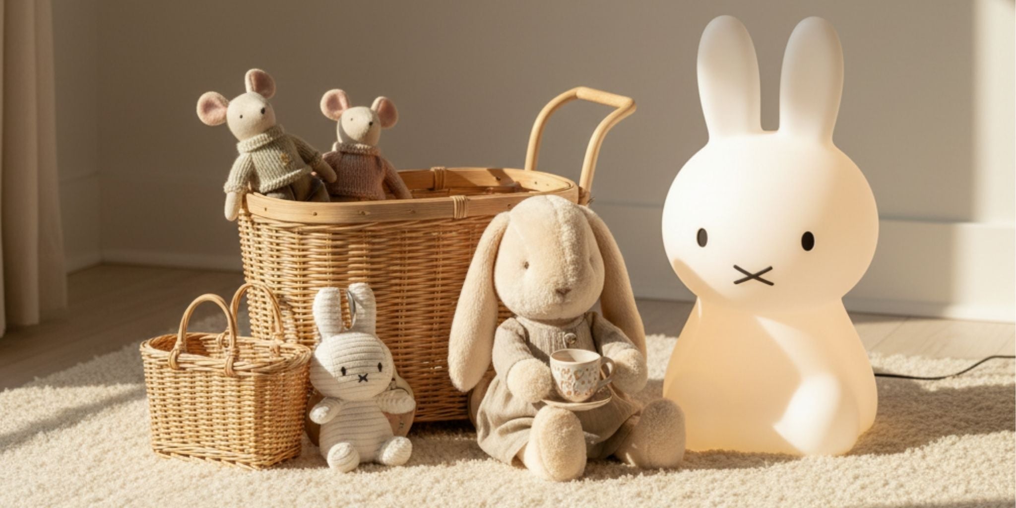 Kuschelige Freunde von Maileg und Miffy arrangiert mit Olli Ella Rattan-Körben in einem sonnendurchfluteten Kinderzimmer – hochwertige Geschenkideen für Kinder von Liberty Kids.