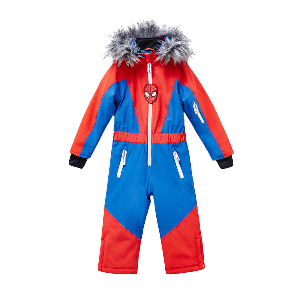 Kinder-Schneeanzug in Rot-Blau mit Kunstfellkapuze von Dinoski – stylisch & wetterfest