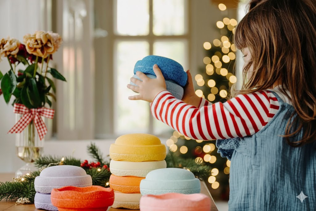 Kind spielt mit bunten Stapelsteinen vor Weihnachtsbaum – Geschenkidee für aktive Kinder bei LibertyKids