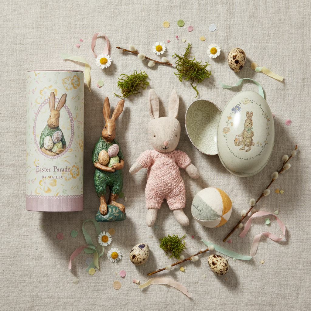 Exklusive Maileg Oster-Kollektion bei Liberty Kids: Detailreiches Flatlay mit Maileg Sammelfiguren, Hasen im Ei und dekorativen Metalleiern, liebevoll arrangiert auf hellem Leinen mit Frühlingsdeko.