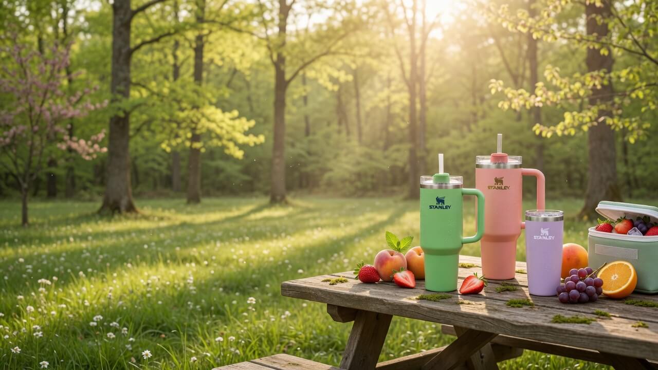 Drei Stanley Quencher Trinkbecher in Mint, Pink und Flieder auf einem hölzernen Picknicktisch im Wald, daneben frisches Obst und eine Kühltasche.
