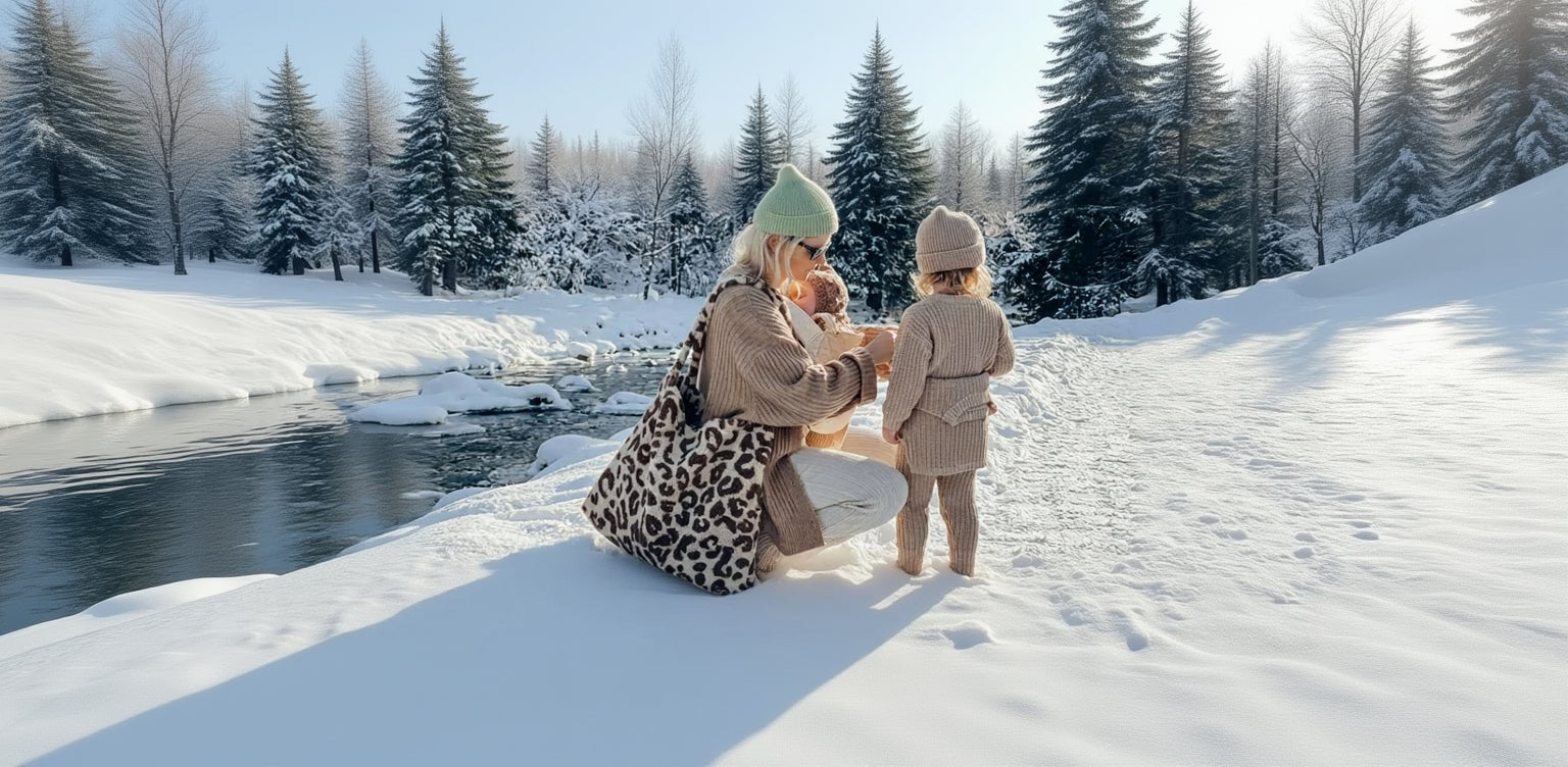Mutter und Kinder in kuscheliger Winter-Strickmode im Schnee. Mutter mit großem Leo-Print Shopper und grüner Beanie, Kinder in beigen Strickanzügen und Mützen. Hochwertige, warme Kleidung für Babys und Kleinkinder.